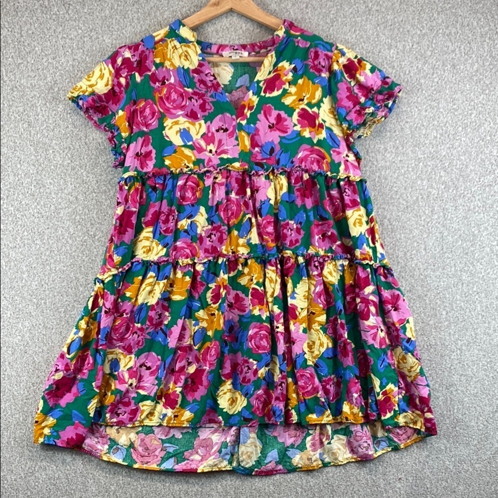 Umgee midi dress S colorful floral tiered ruffles flutter sleeve boho fun flower